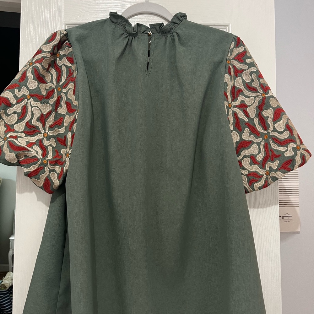 Green Top with Patterned Sleeves